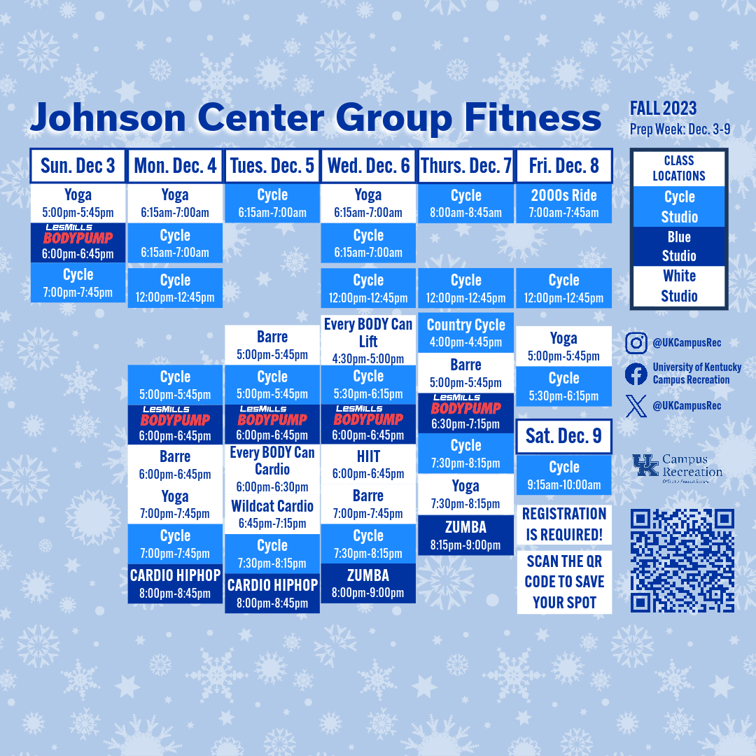 Johnson Center Prep Week Group Fitness Schedule. Classes run Sunday, December 3rd - Saturday, December 9th. Classes include barre, yoga, bodypump, cycle, zumba, cardio hiphop, and more! Registration for all classes is required