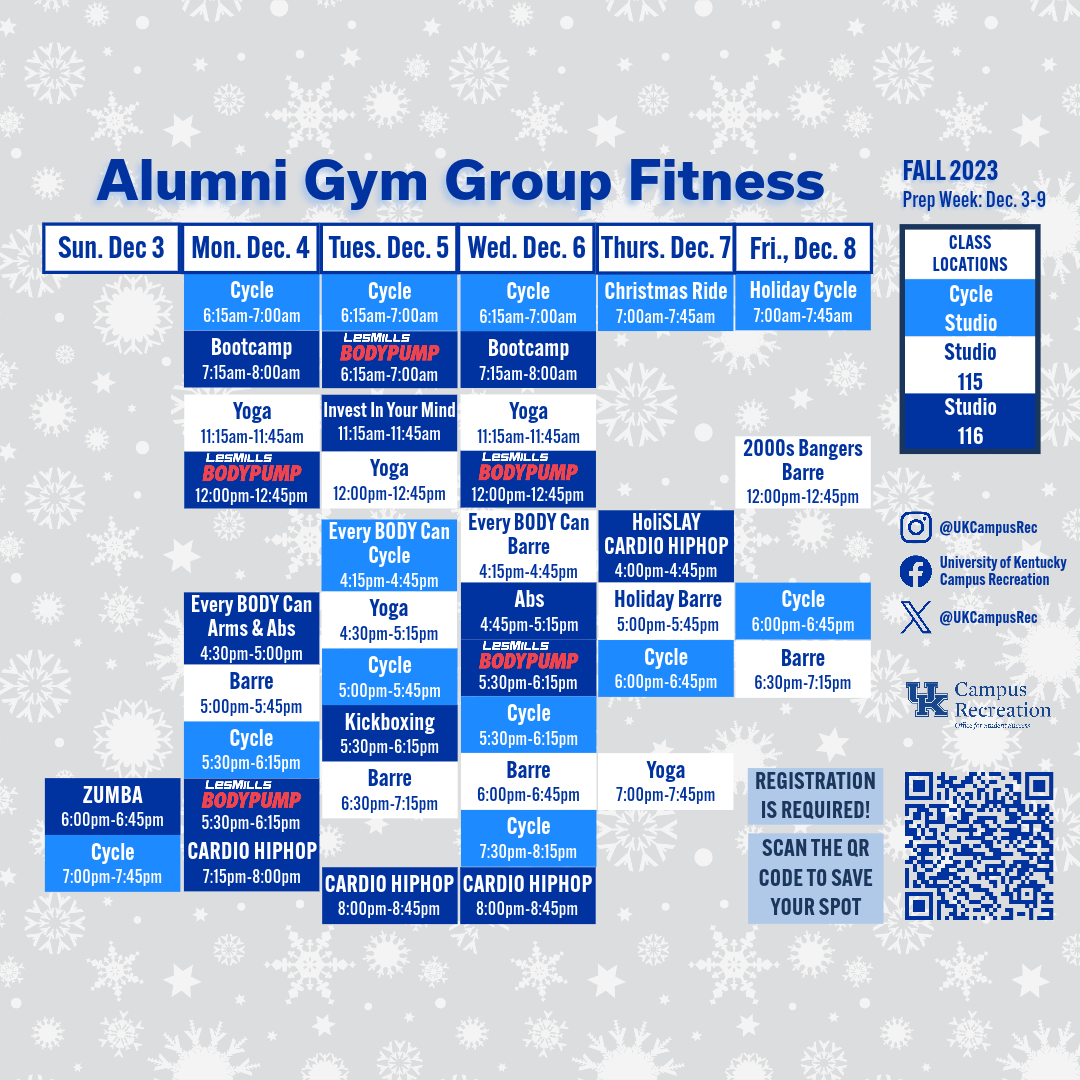 Alumni Gym Prep Week Group Fitness Schedule on a grey background with white snowflakes. Classes run Sunday, December 3rd through Friday, December 8th. Classes include barre, bodypump, yoga, cycle, arms & abs, and more! Registration for all classes is required.