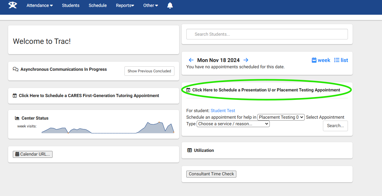 A screenshot of the TracCloud Menu with the option "Click here to schedule a Presentation U or Placement Testing Appointment" circled in green.