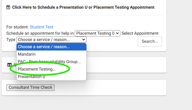 A screenshot of the Placement Testing appointment type dropdown menu with "Placement Testing" circled in green.