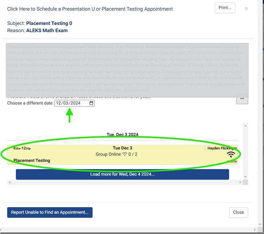 a screenshot of the the appointment selection screen