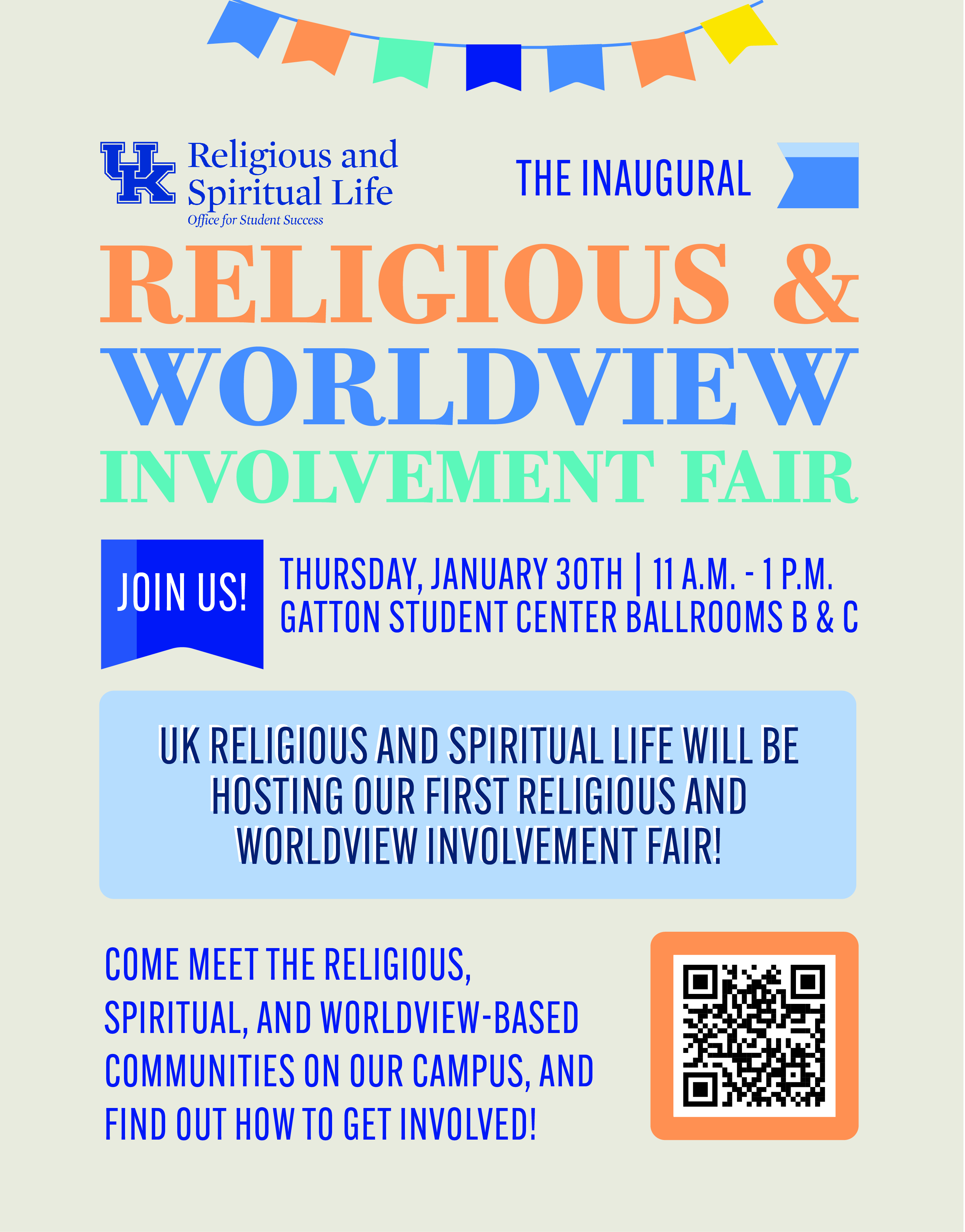 Flyer for Religious and Worldview Involvement Fair, Thursday January 30th from 11am to 1pm in Gatton Student Center Ballroom BC