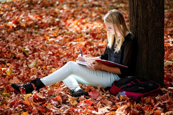 Student sitting by a tree studying