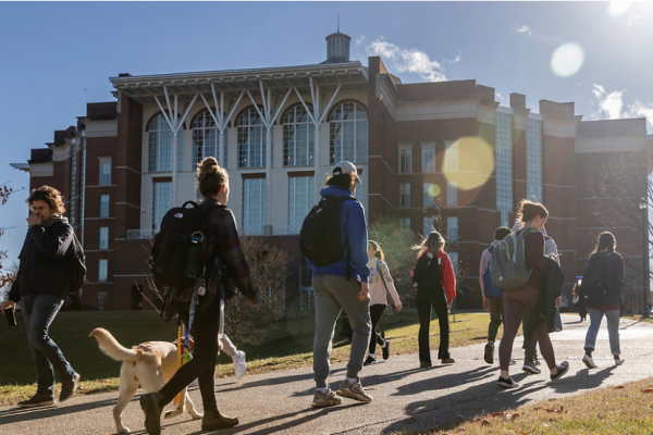 Multiple students walking in the sunshine outside of the Willy T Young Library. One of the students is walking their emotional support golden retriever puppy.
