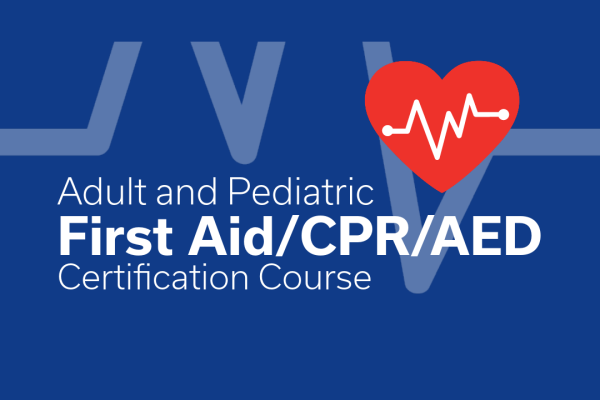 Adult and Pediatric First Aid/CPR/AED Certification Course on blue background with EKG line behind it and a red heart with EKG line on it in the top right corner