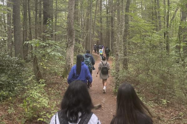 Group of students hiking in Red River Gorge