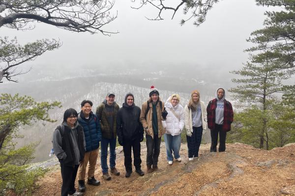 Group at Pilot Knob Summit for hiking and hot chocolate