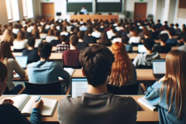 College classroom full of students.