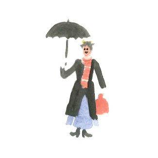 Watercolor of Mary Poppins figure with umbrella