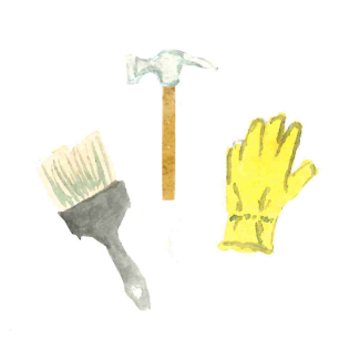 Watercolor of paint brush, hammer and work glove