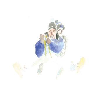 Watercolor of UK students sledding