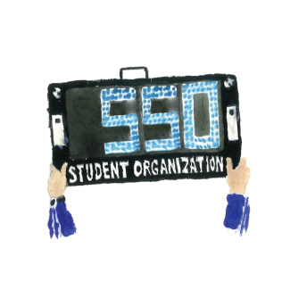 Watercolor sign with 550 on it representing the number of students orgs on campus