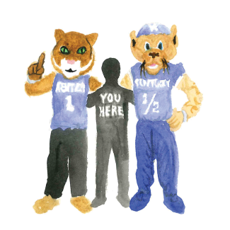 Watercolor of both Wildcat mascots posing for a photo