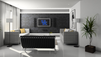 Living room with black and white couch