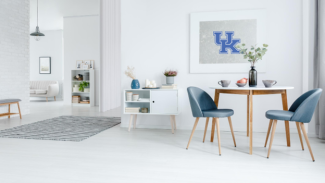 White room with Blue Chairs and UK
