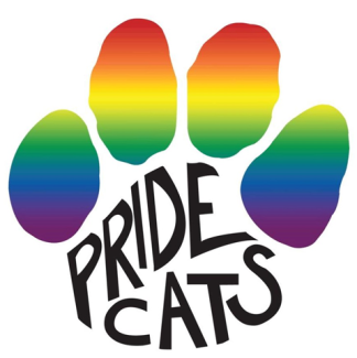 A rainbow pawprint with Pride Cats across it.