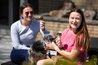 Two girls sitting down outside eating ice cream cones and petting a dog