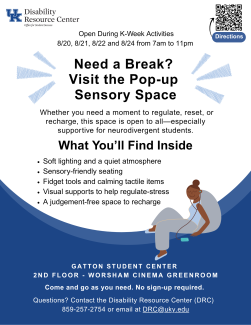 Flyer for a pop-up sensory space by UK Disability Resource Center, featuring details and a graphic of a person with headphones.