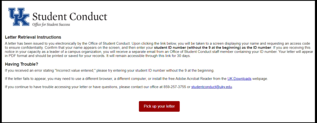 Office of Student Conduct Letter Retrieval Email
