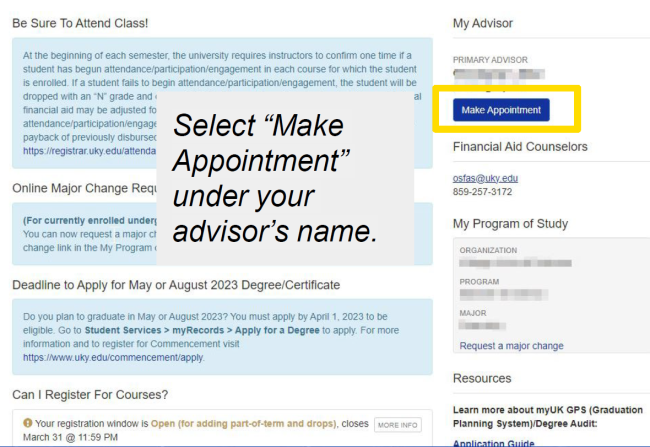 View of student's myUK GPS homepage. Advisors are listed along the righthand side of the page, with a "make appointment" button under each advisor's name.