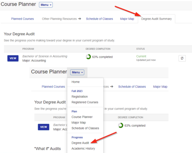 View of Course Planner in myUK GPS, showing how to get to the Degree Audit tab