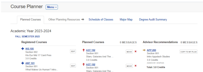 Viewing your planned courses in myUKGPS Course Planner tab.