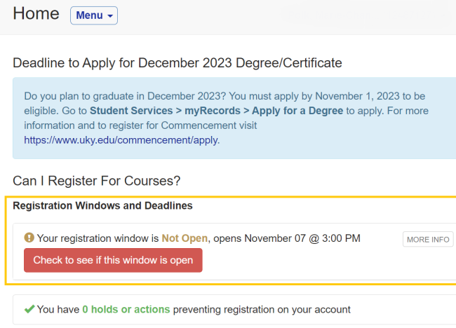 Registration windows and deadlines as seen on the student's myUK GPS homepage.