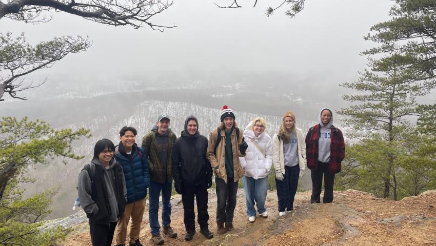 Group at Pilot Knob Summit for hiking and hot chocolate