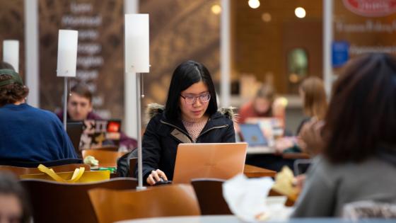 A student glances at their laptop with a look of concentration as they sit at a table underneath a white lamp. Students surround them at other tables in various stages of lounging and concentration.