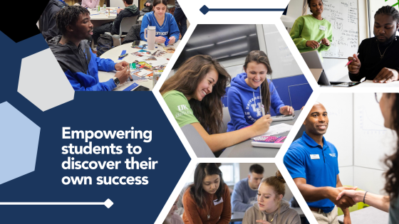 An image of students using Transformative Learning services with the text: empowering students to discover their own success