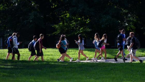 Students walking across campus