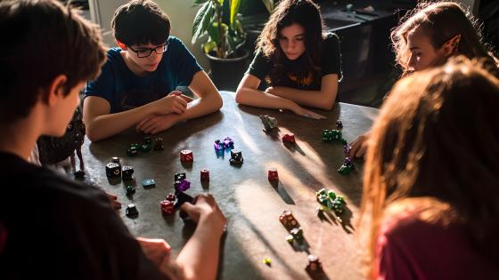 Group of college students playing Dungeons & Dragons around a table filled with dice and figurines