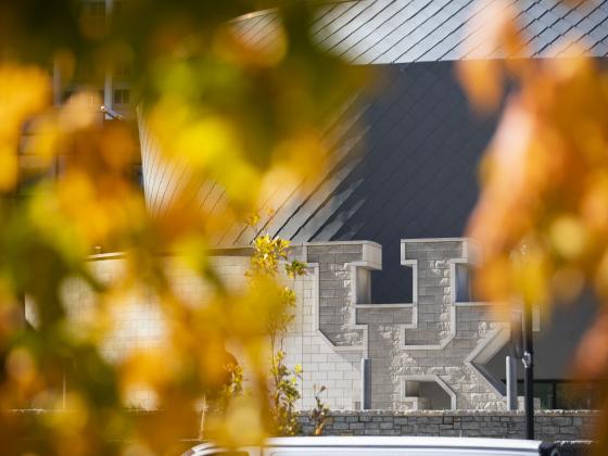 Autumn leaves frame the UK Wall at the Gatton Student Center